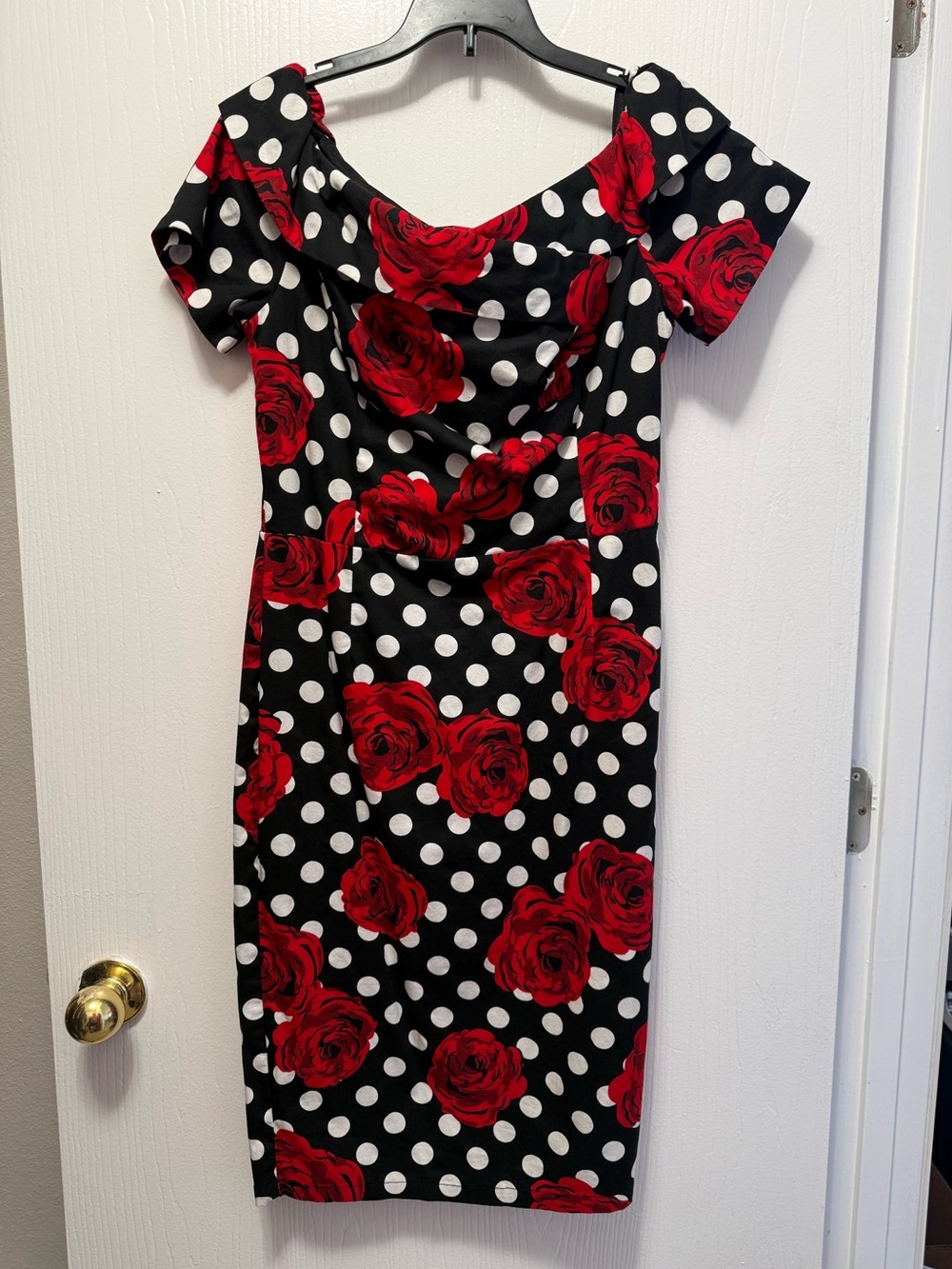Belle Poque Retro 1950s Off-The-Shoulder Pencil Dress Rose & Polka Dot Size 10